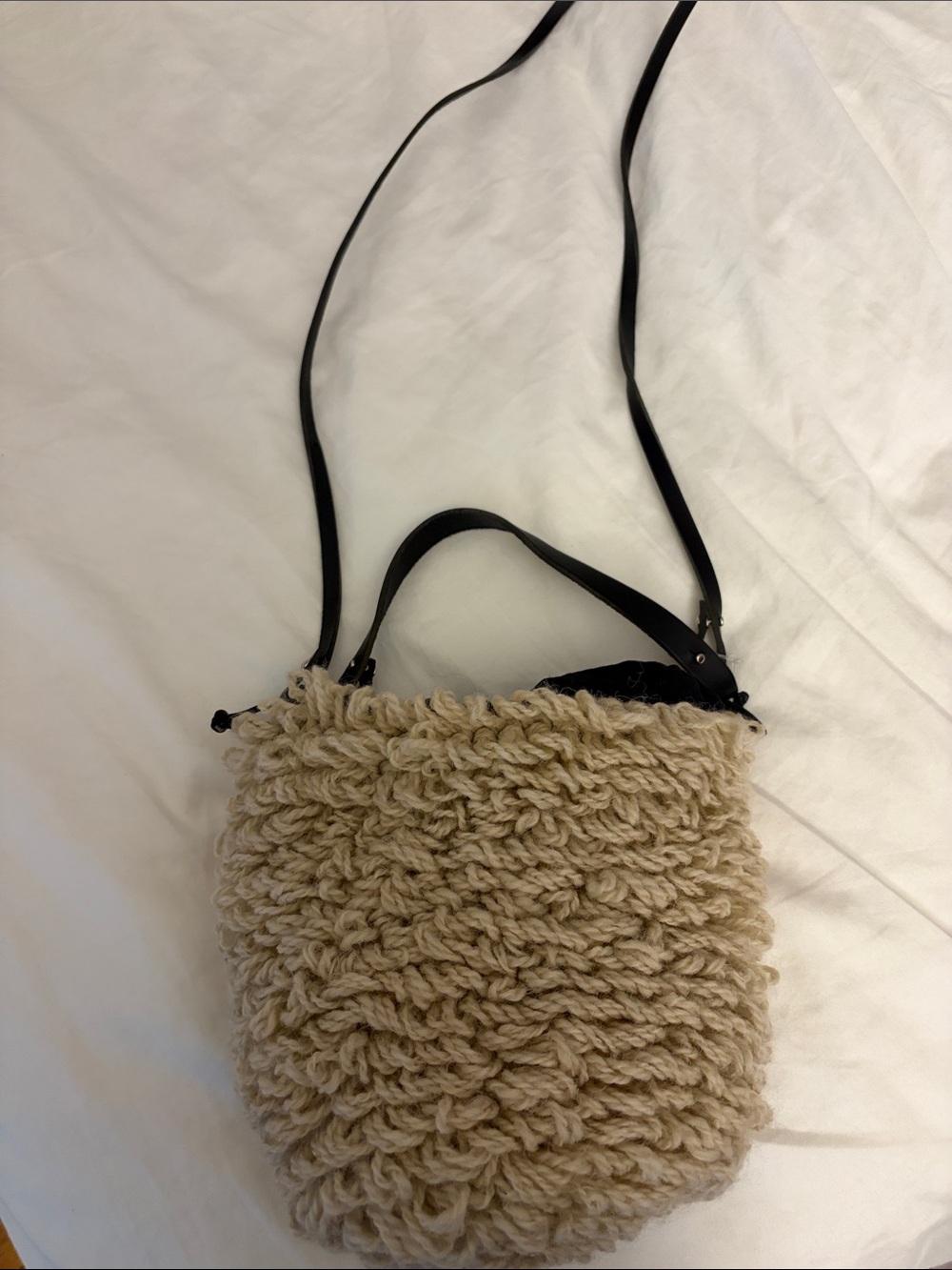 Women’s Cream Faux-Shearling Bucket Bag with Black Strap